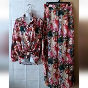 Pretty Little Thing Floral Button Front Top & Wide Leg Pants New Size 12